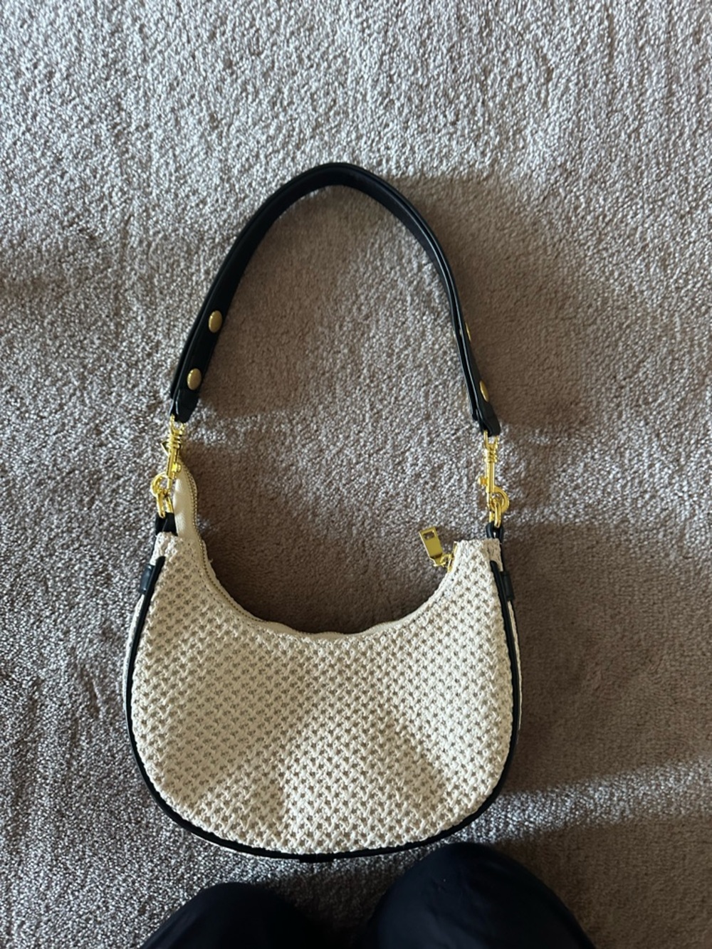 Cream Woven Shoulder Bag with Black Handle and Gold Hardware